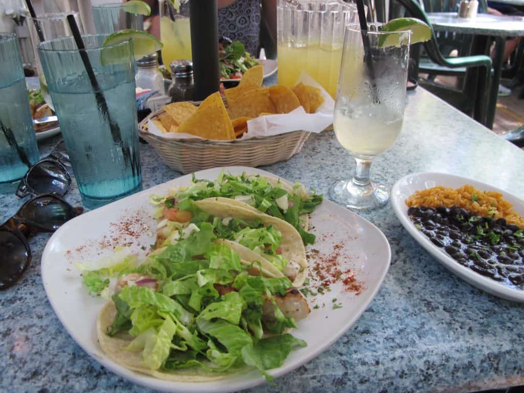 Mahi Mahi gluten free fish tacos come complete with rice and beans side.