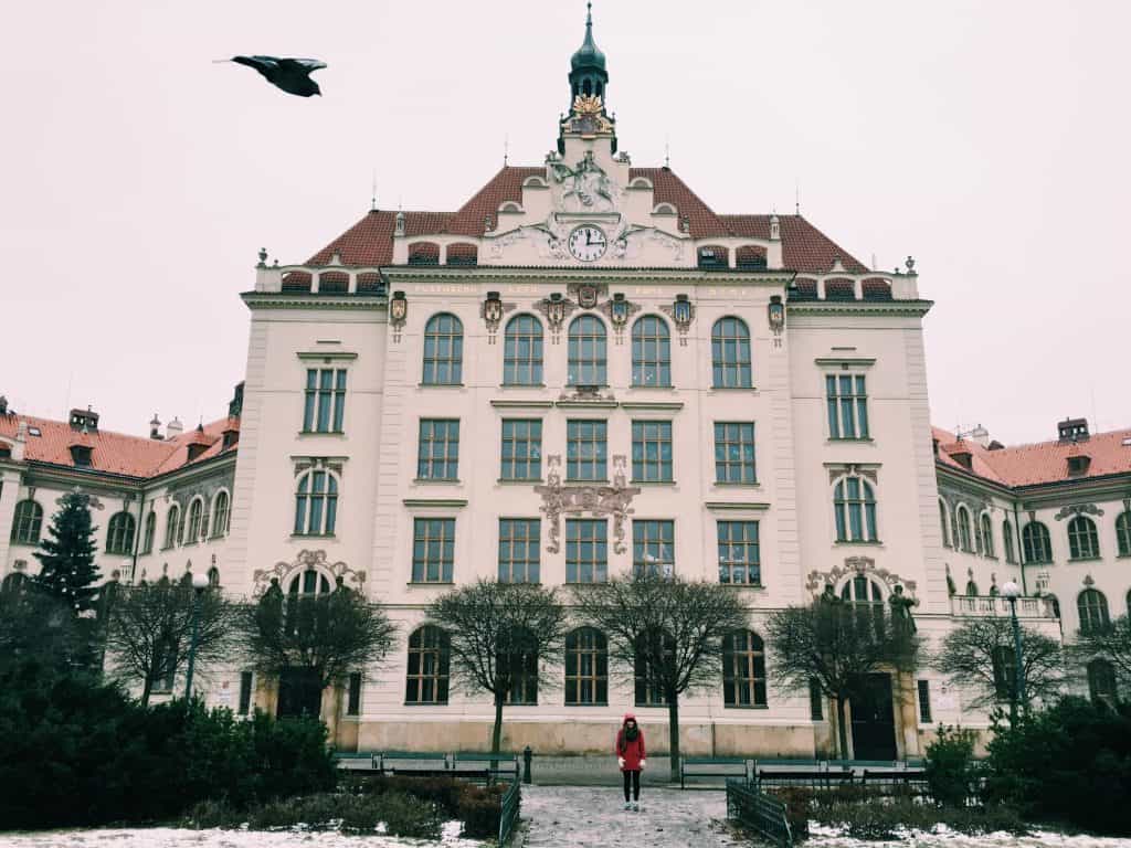 When in Prague, explore the up-and-coming neighborhood of the Karlin District. Karlin District in Prague is easy to navigate with amazing coffee shops, a cat cafe, and astounding architecture including the prettiest elementary school you've ever seen! #prague #travel #czechrepublic #karlindistrict