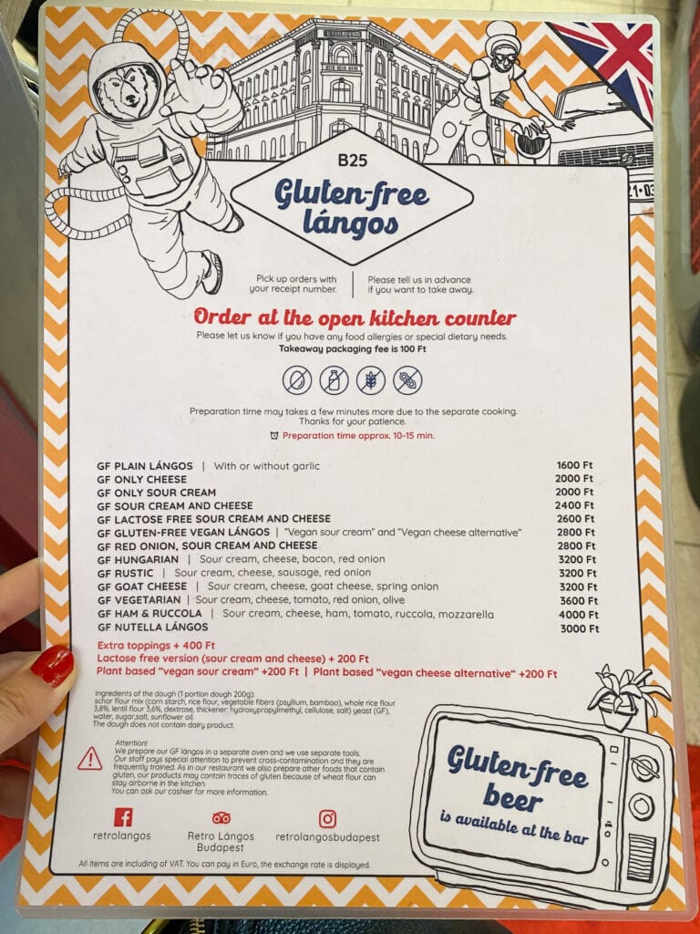 Gluten free menu at retro langos