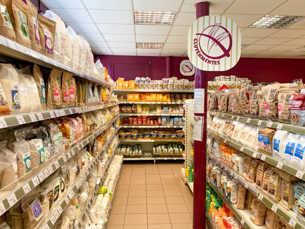 Gluten free section at grocery store in Budapest