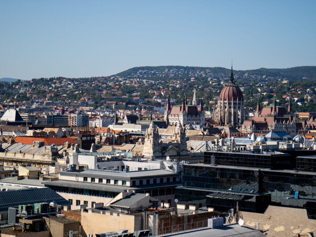 View over Budapest city skyline from the cathedral roof.