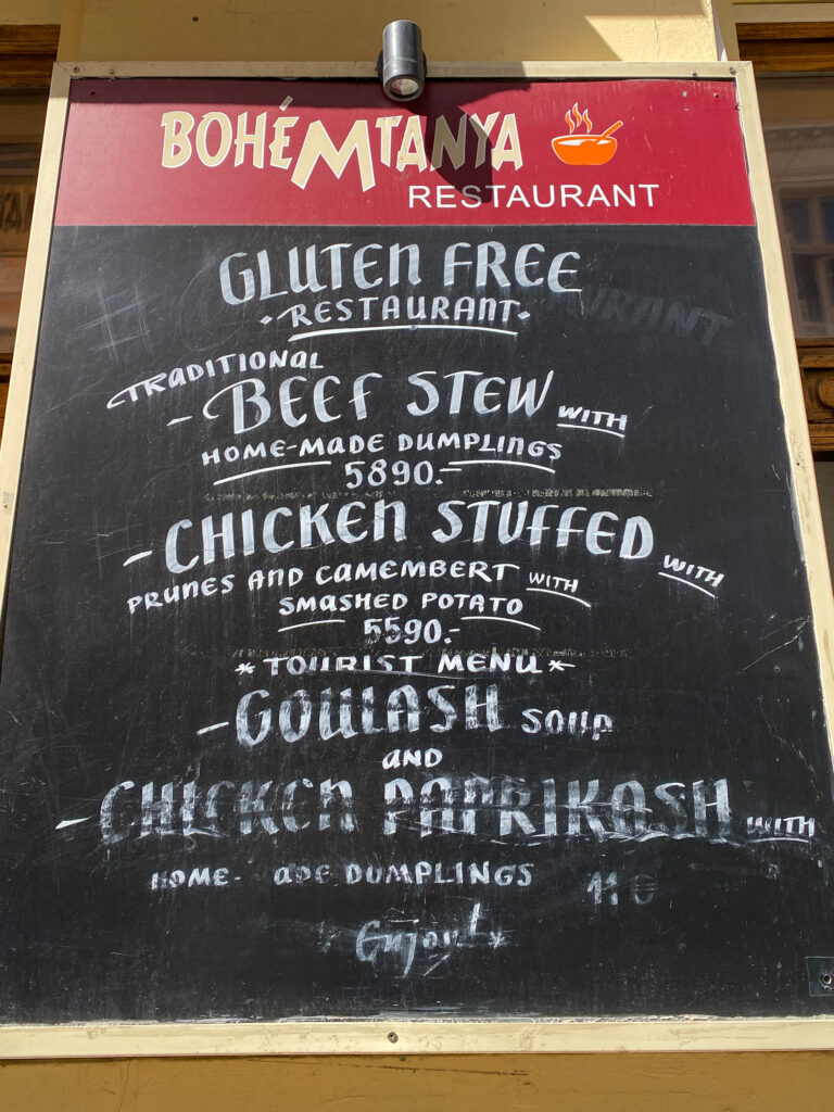 Sign that says Bohemtanya - 100% gluten free restaurant in Budapest