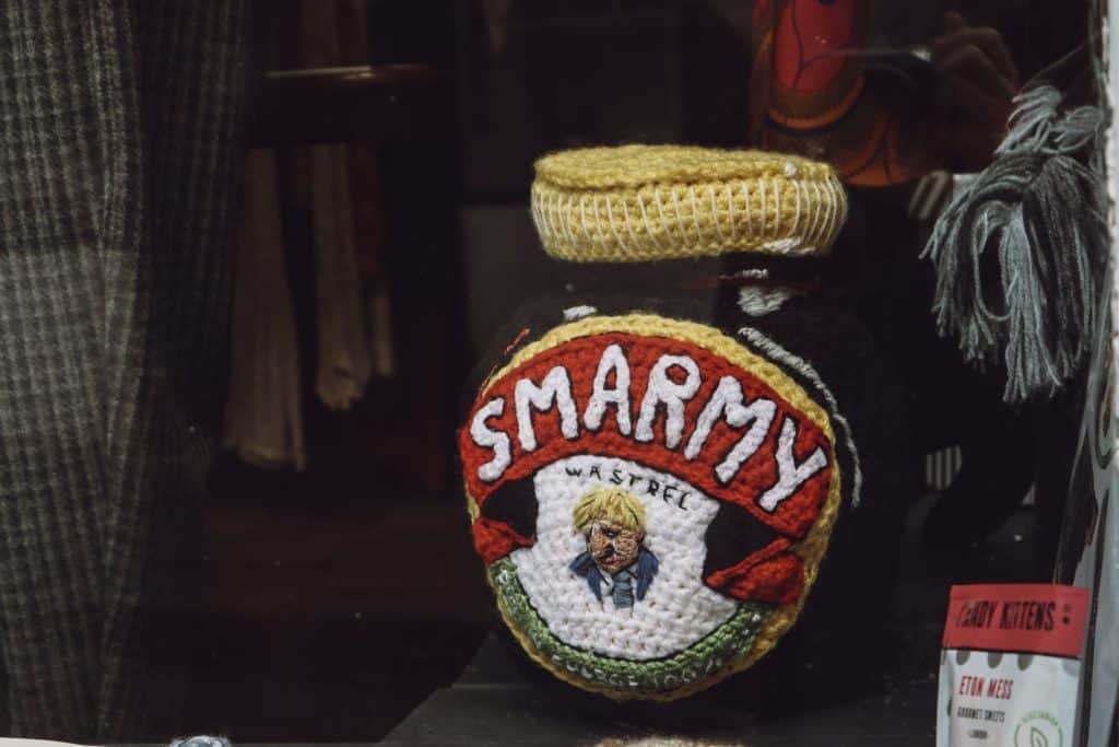 A giant knitted marmite jar with Boris Johnson's face, you'll definitely either love it or hate this!