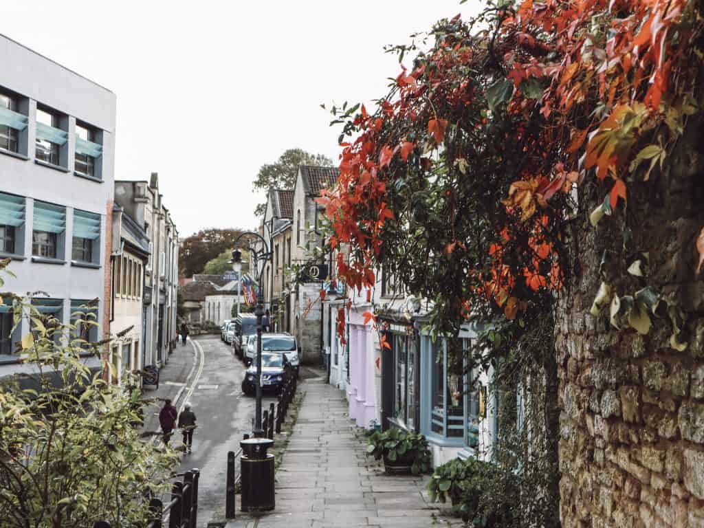 View along a street in Frome with colourful flowers. 