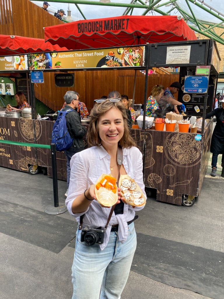 Sarah with gluten free food at Borough Market