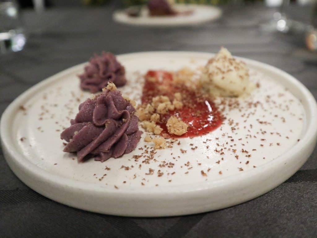 The dessert course of a six course dinner at Le Monastere Des Augustines, an ideal spot for a gluten free meal in Quebec City.