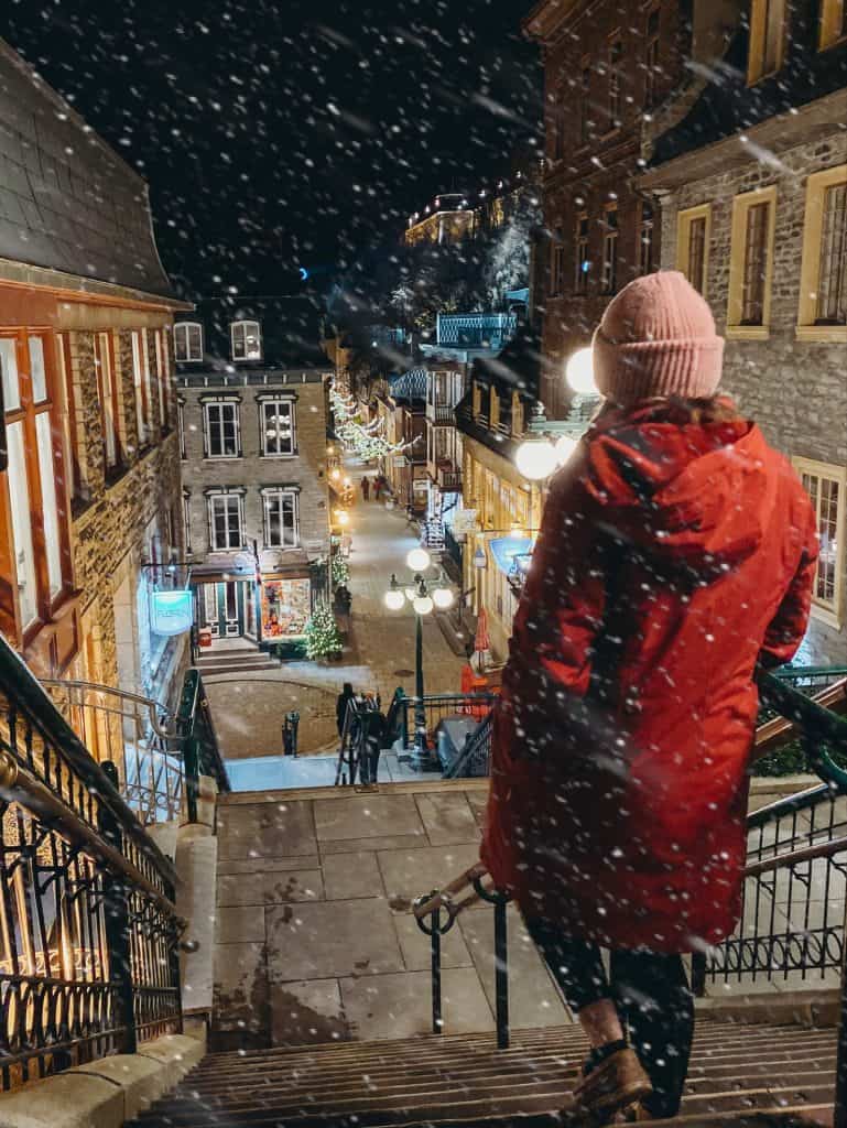 A winter's night in Quebec City at the Quartier du Petit Champlain.