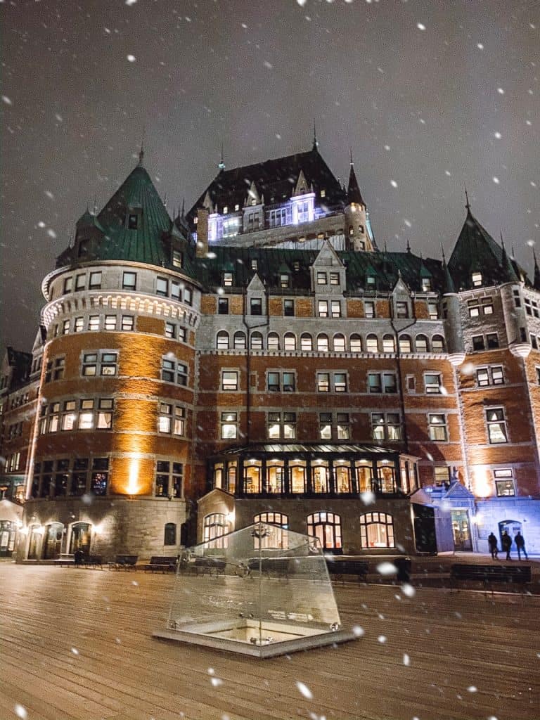 A snowy winter's night at Le Chateau Frontenac in Quebec City.