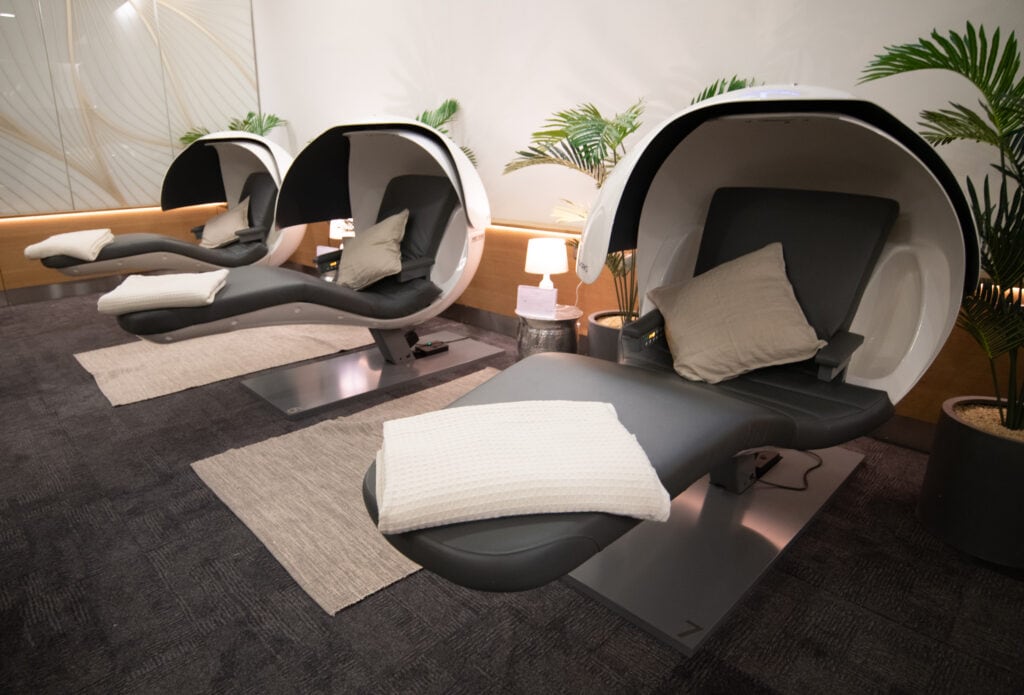 three energypod sleeping pods at heathrow airport in the british airways lounge