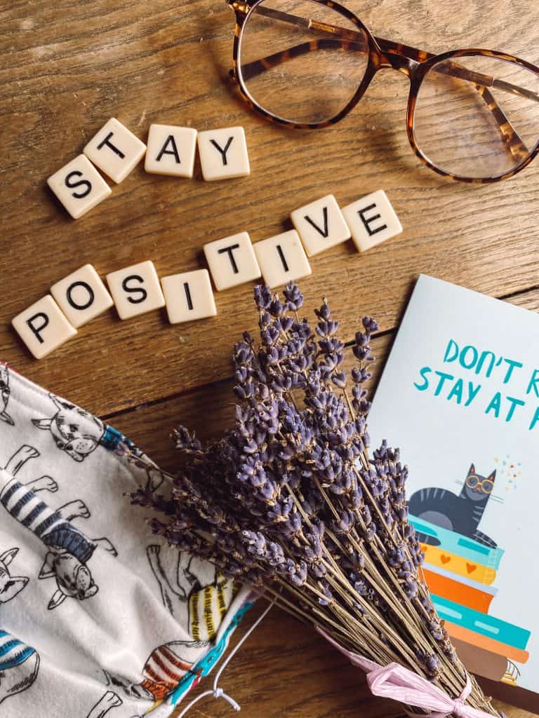 Scrabble letters spelling "Stay Positive" with some of my favourite things.