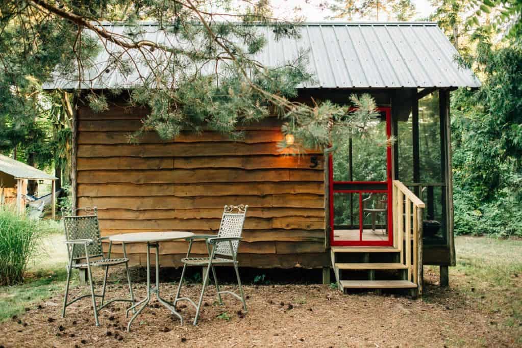 A small wooden cabin with a pine tree