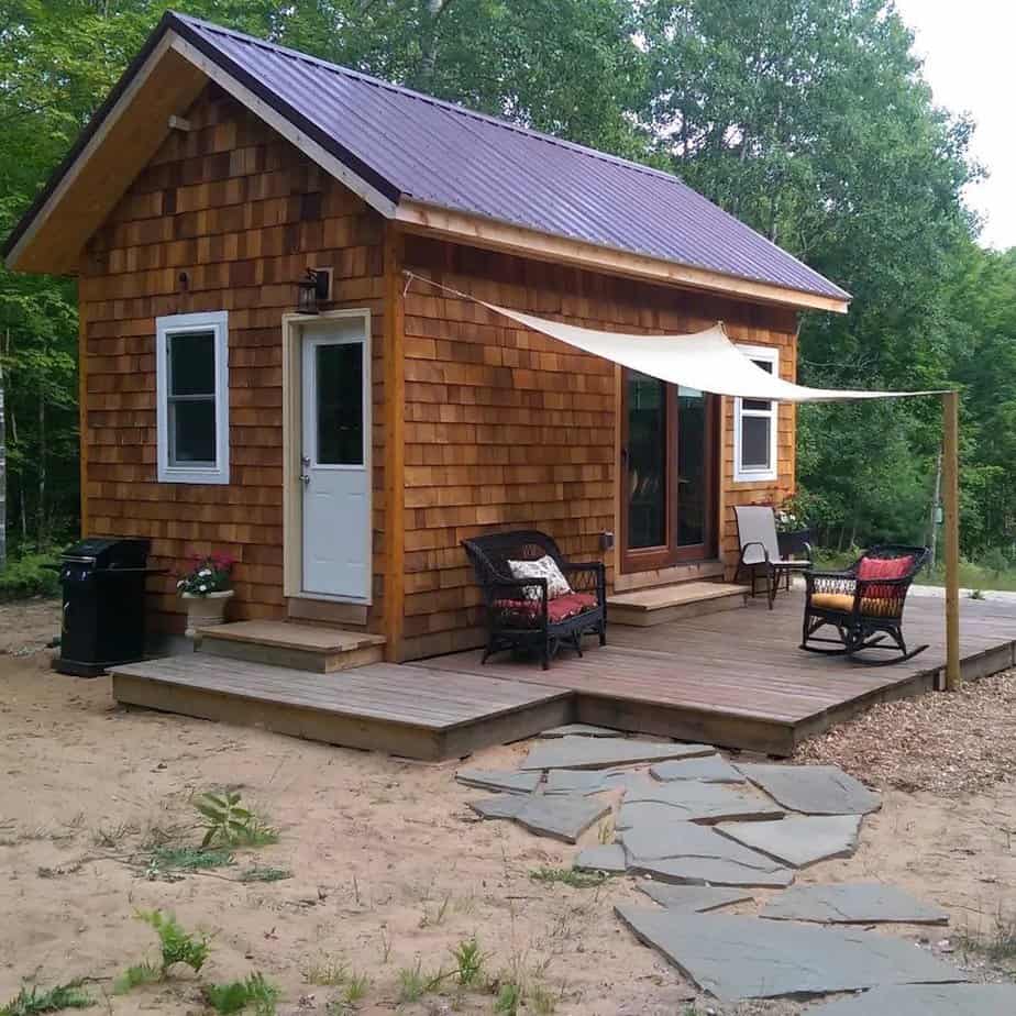 A wooden tiny house.