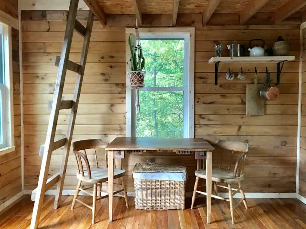 Wooden interior of a tiny house in Michigan.