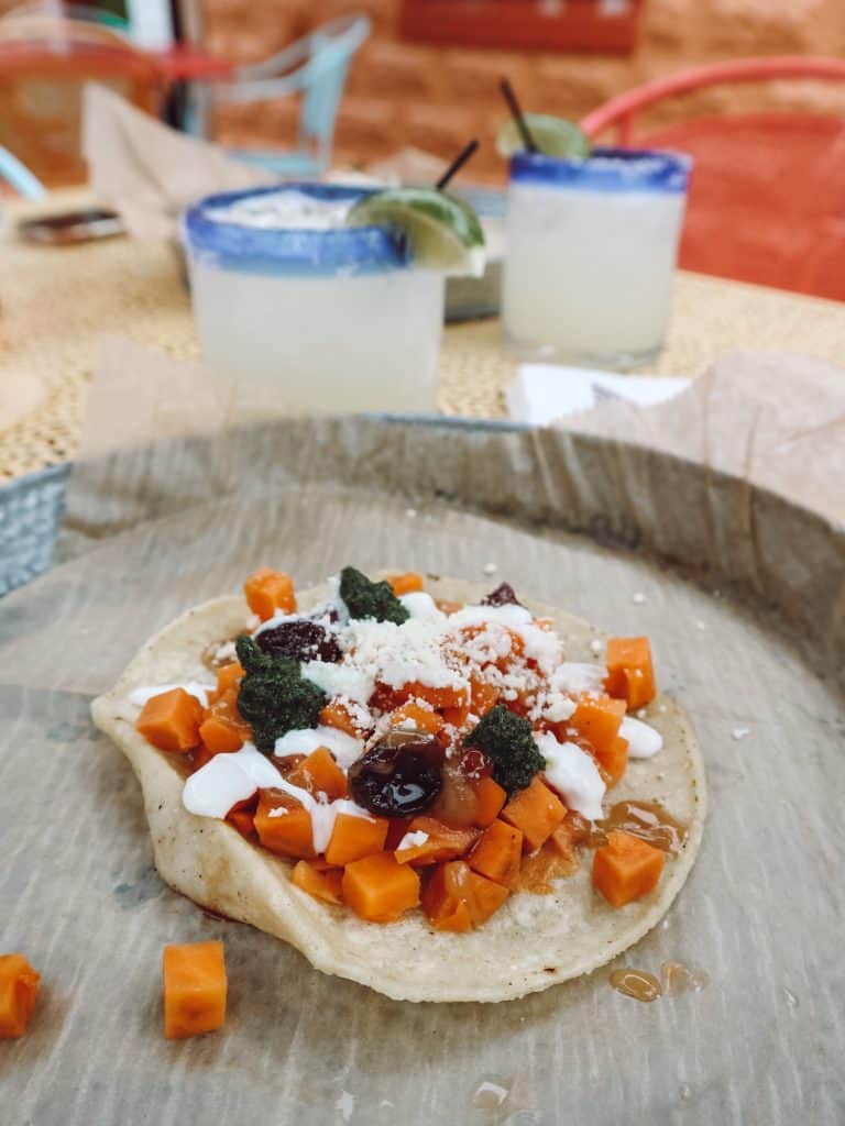 Gluten free sweet potato taco with tequila Michigan cherries