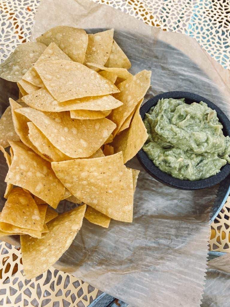 Corn tortilla chips prepared in a dedicated gluten free fryer at The Cantina in Charlevoix