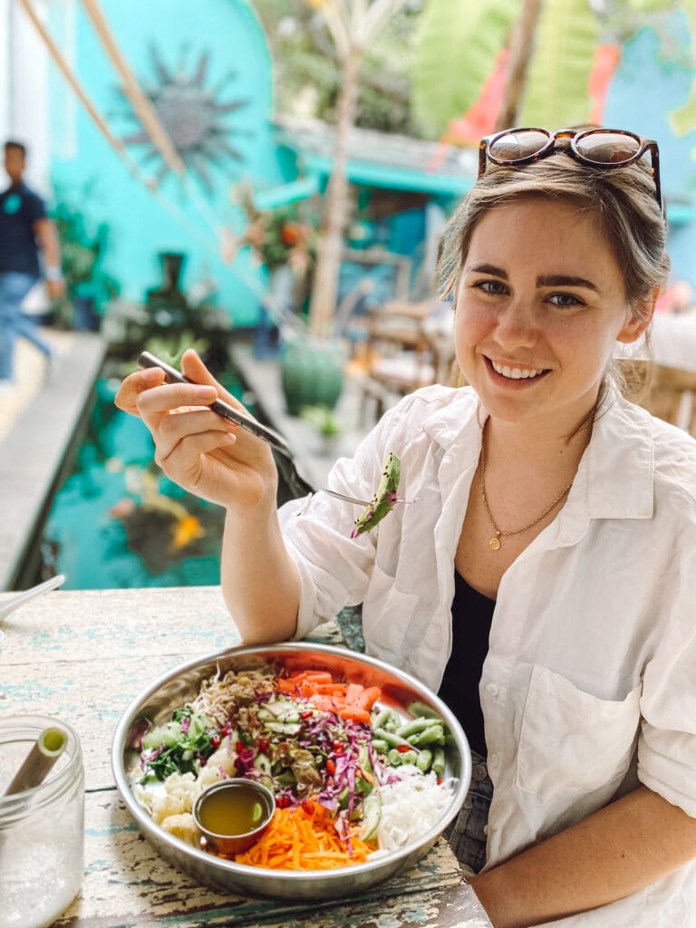 Sarah eating a gluten free salad in galle sri lanka