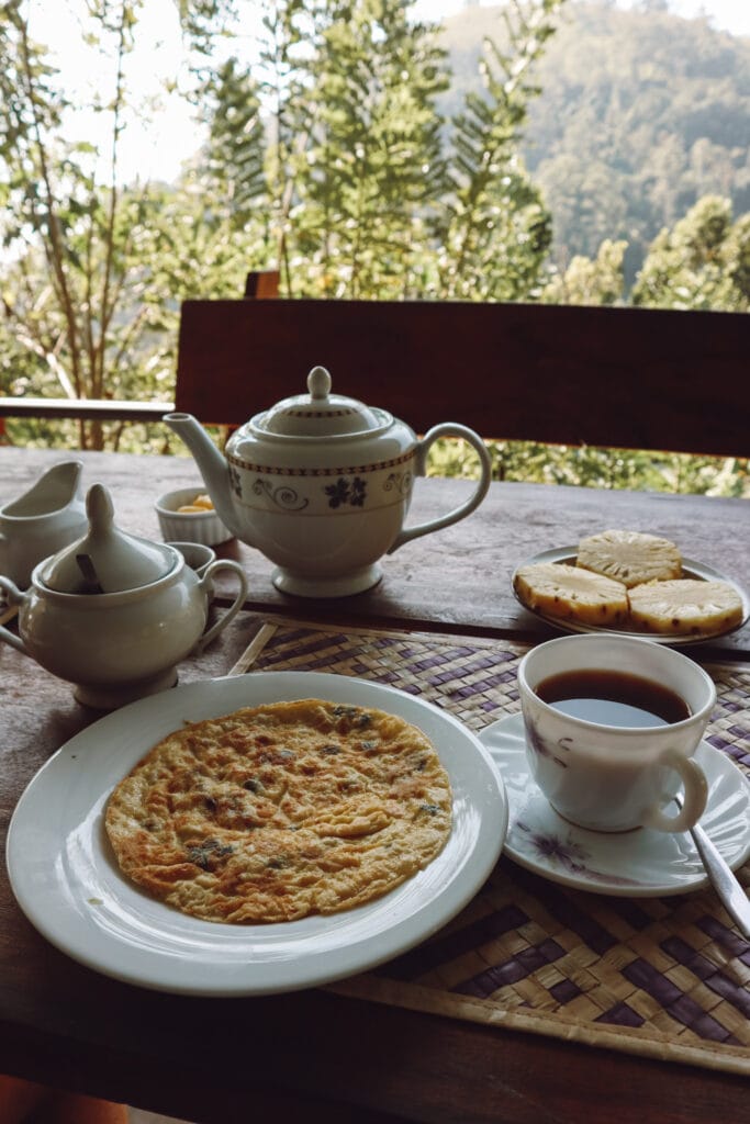 omelette and coffee overlooking ella gap in sri lanka
