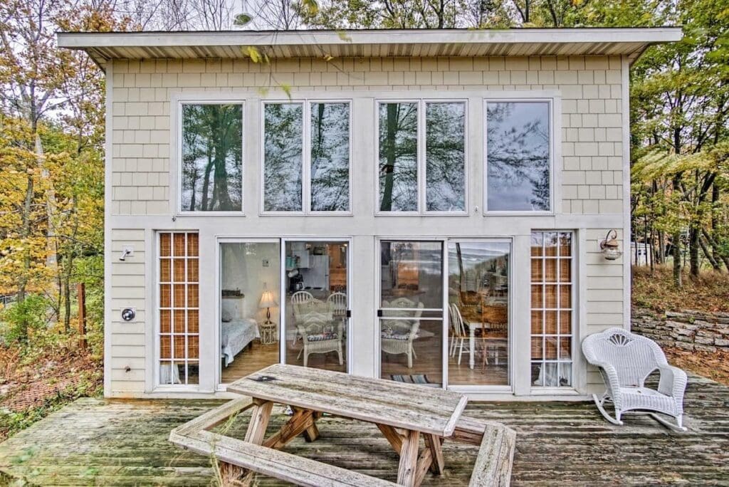 Beachfront Lake Michigan Cabin with wooden decking.