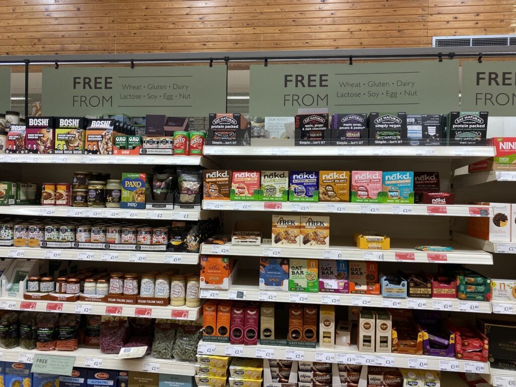 gluten free aisle at booths in the lake district