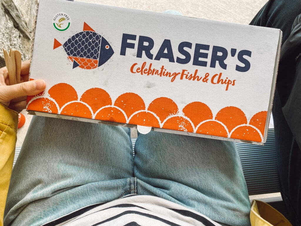 Frasers fish and chips box with gluten free tag on it