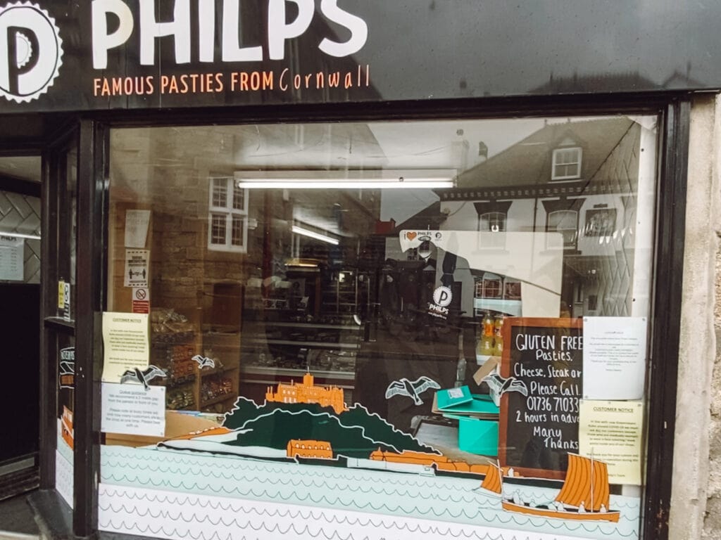Philips cornish pasty shop with sign in window stating gluten free pasties