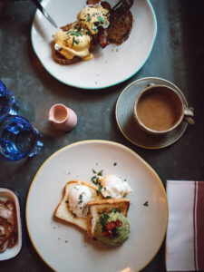 flatlay of gluten free penzance avocado toast meal