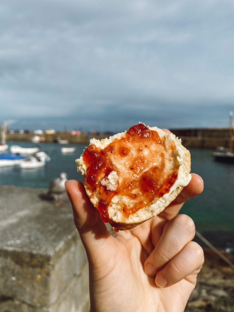 gluten free scone and mousehole harbor in backgound