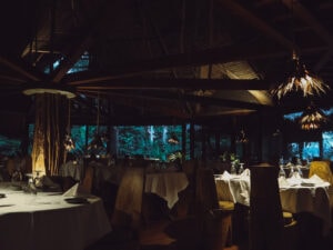 dark dining hall at Inkaterra Reserva Amazonica