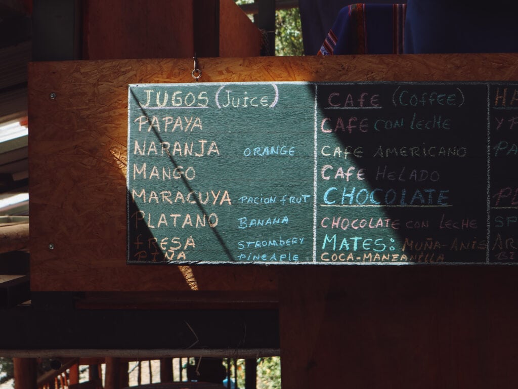 A menu along the salkantay trek in peru