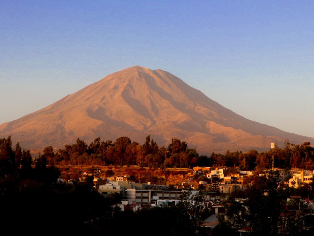 Misti volcano in arequipa at sunset. Summiting Misti Volcano is one of the best things to do in arequipa peru.