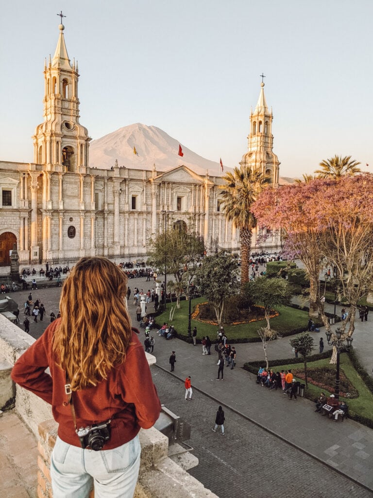 Sunset over the plaza de armas in Arequipa