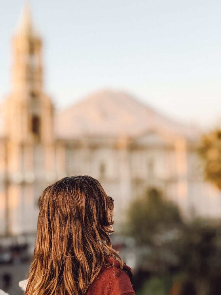 Sunset over the plaza de armas in Arequipa Peru