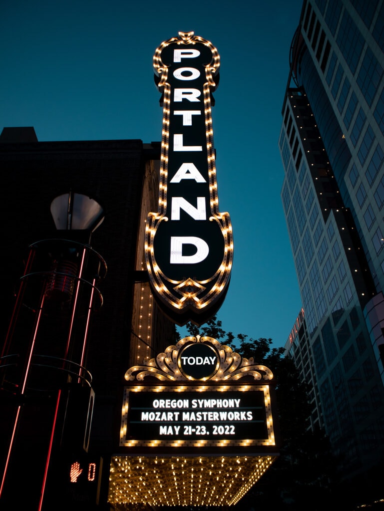 portland sign lit up at night