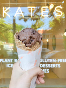 chocolate ice cream in a gluten free cone in portland oregon from Kate's - a 100% gluten free ice cream shop in Portland