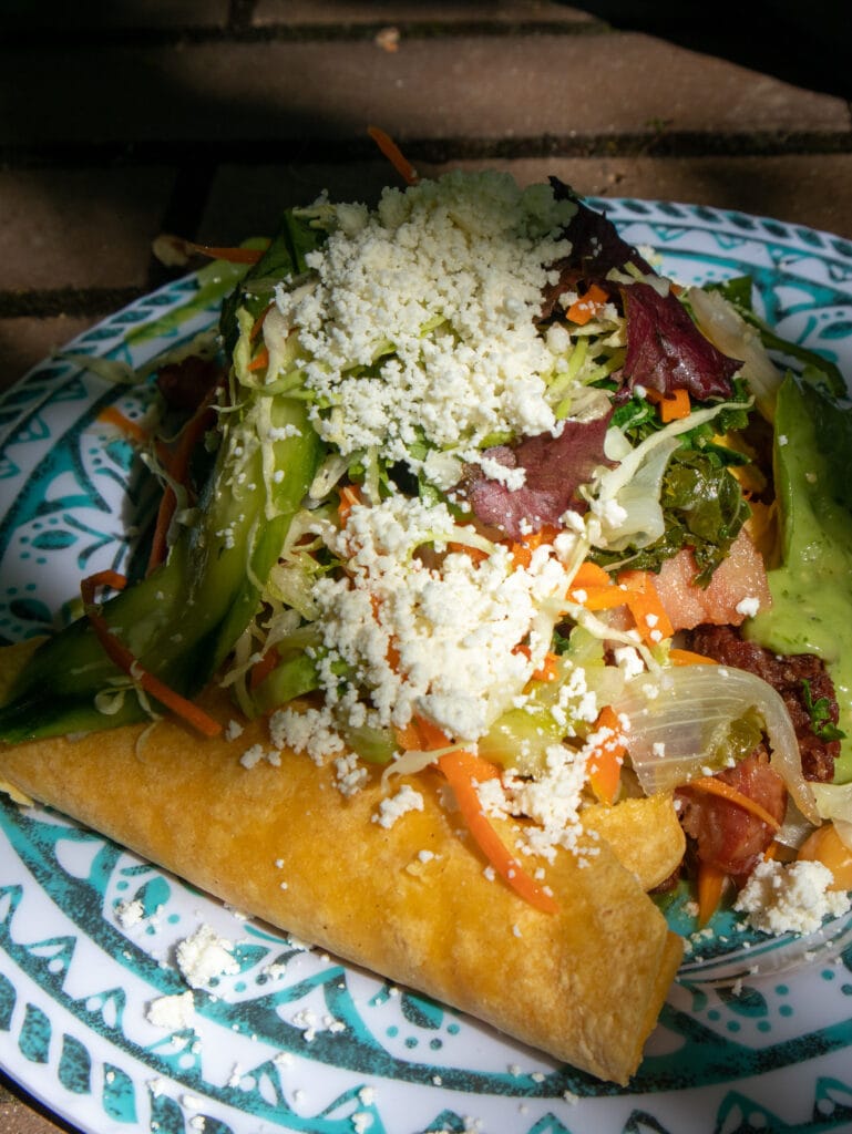 gluten free mexican food on a blue and white platter in a sun spot