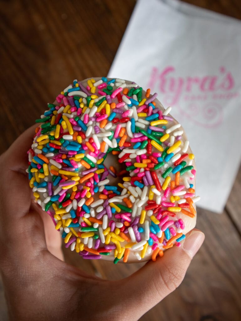 gluten free sprinkle donut from kyra's bake shop in lake oswego oregon