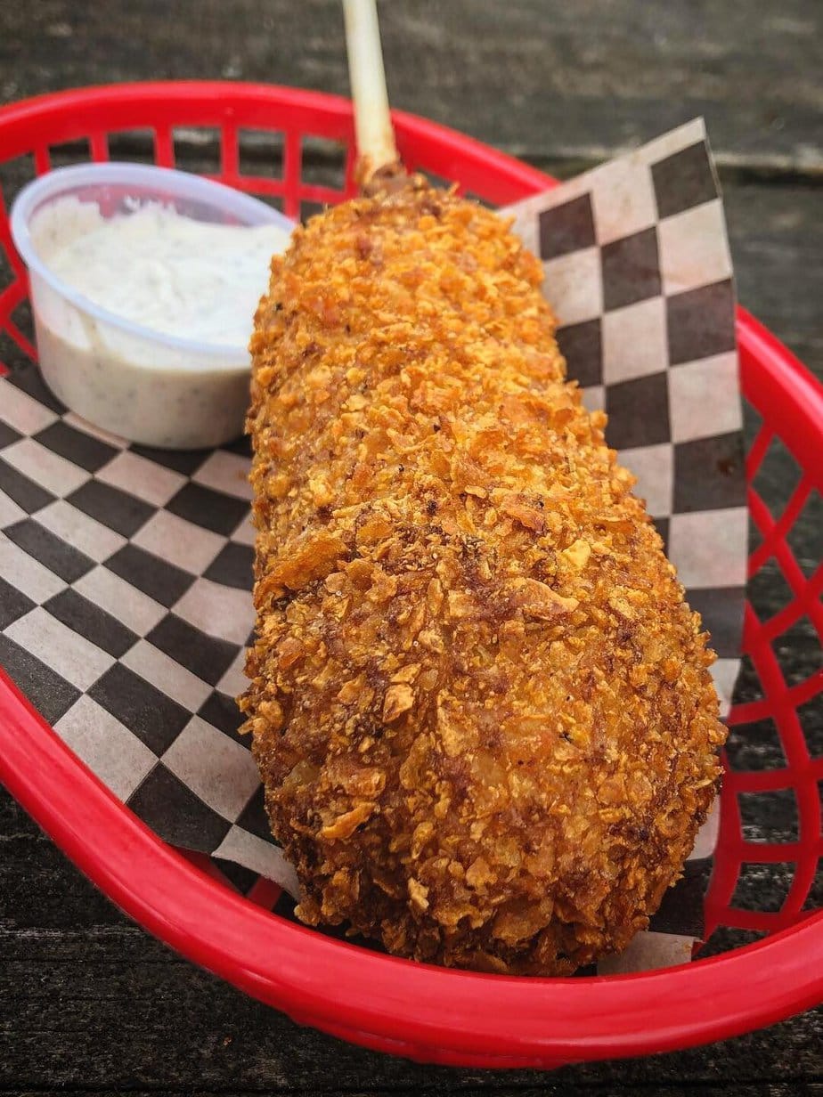 gluten free corn dog from Honey Butter Country Fare in Portland OR