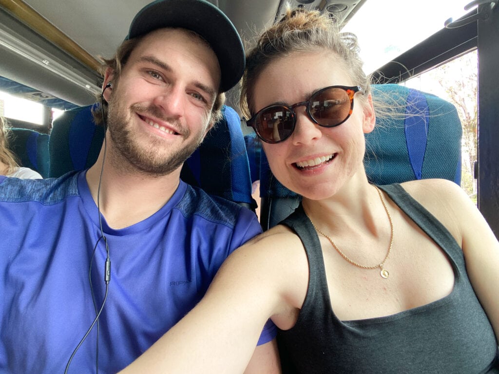 Selfie of Sarah and Dan on the bus from Salento to Riosucio as part of the journey from Salento to Jardin Colombia.