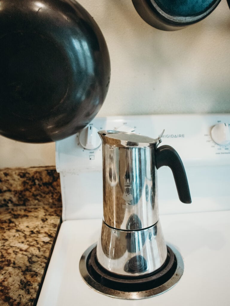 french press in a hostel kitchen