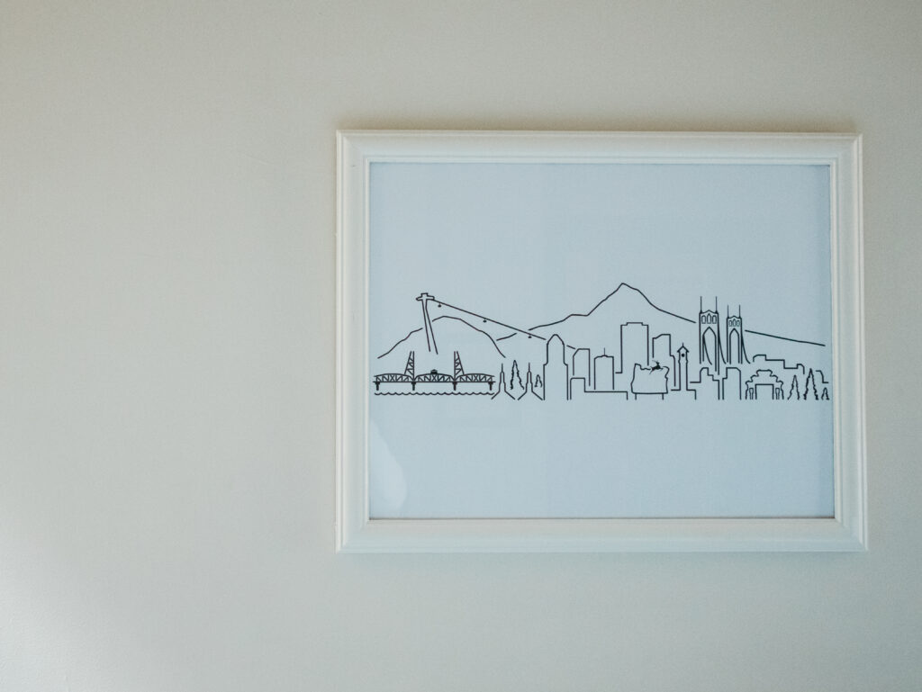 artwork depicting the portland oregon skyline in a minimal way