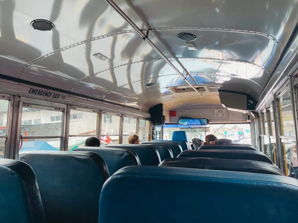 inside of a reconverted school bus in panama on the way from boquete to david