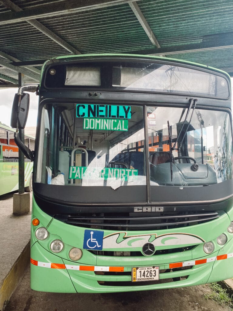 a green bus with a sign on the front windshield that says c neilly and dominical.