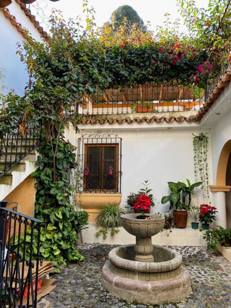 A white inner courtyard with a stone fountain and lots of plants.