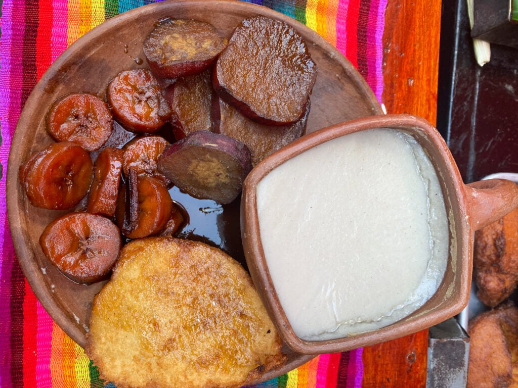 Chilate platter in El Salvador, on a striped tablecloth in a clay bowl.