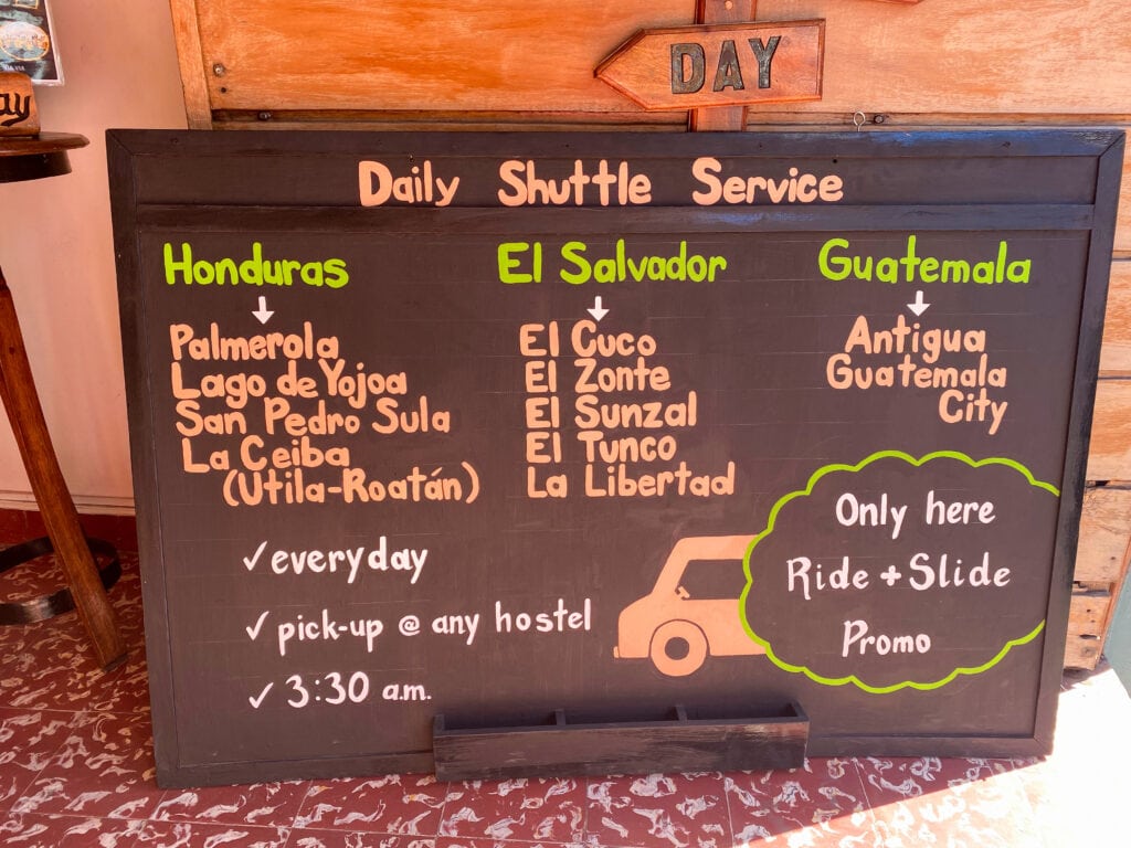 Shuttle options at the Roneey Shuttle office in Leon, Nicaragua