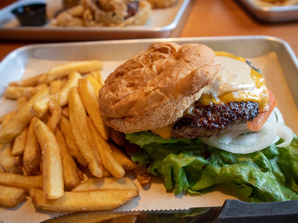 A gluten free Cannon Beach staple: burger and fries at Public Coast Brewing Company.