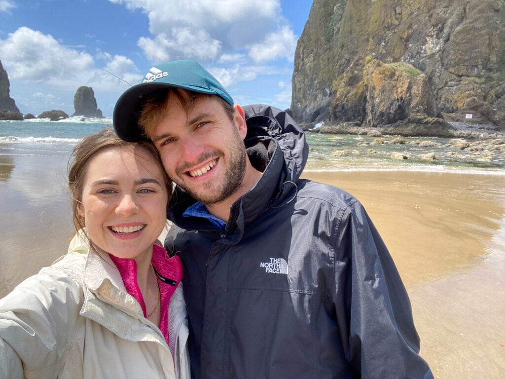 Selfie of Sarah and Dan at Cannon Beach.