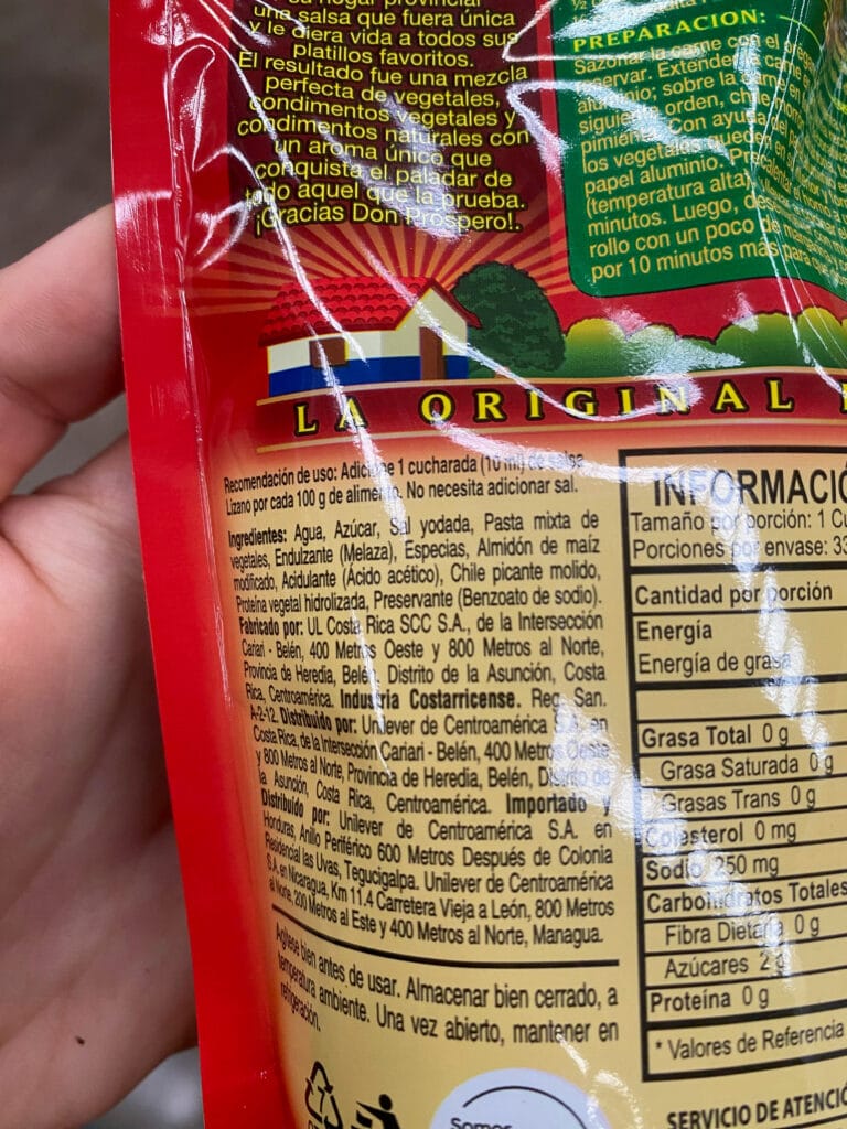 the ingredients list on a packet of salsa lizano