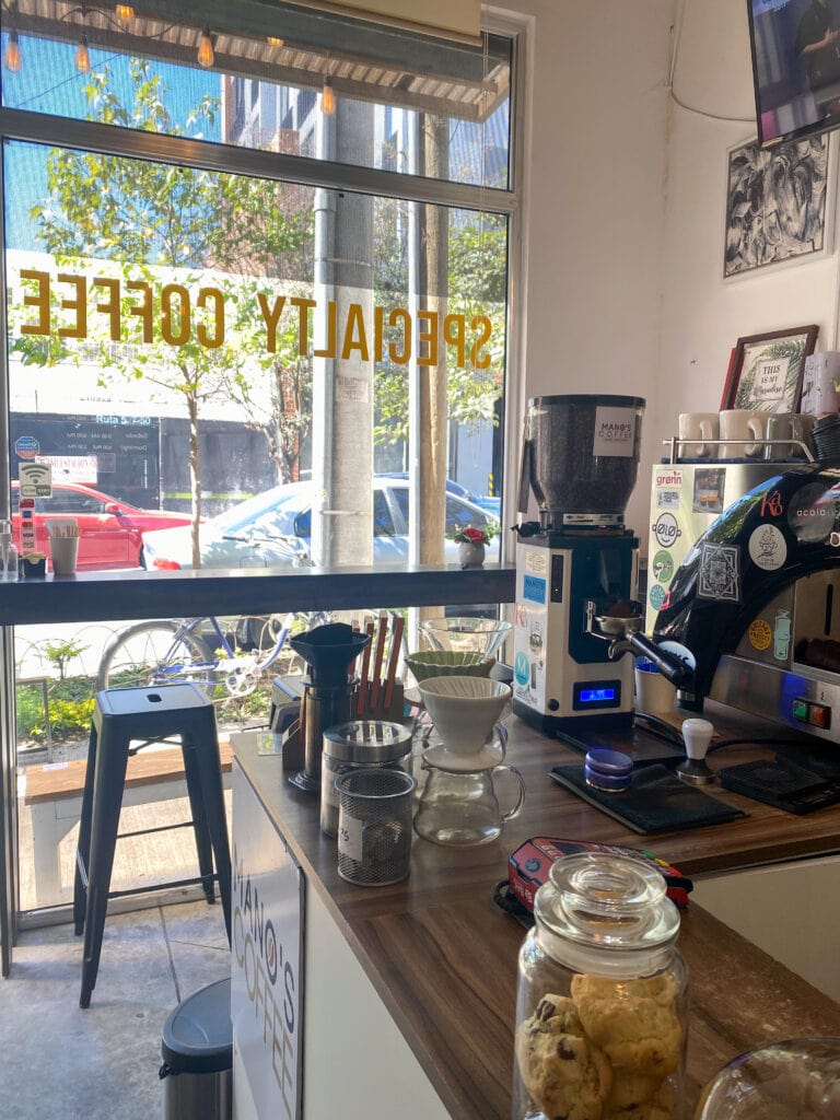 Inside of a small coffee shop.