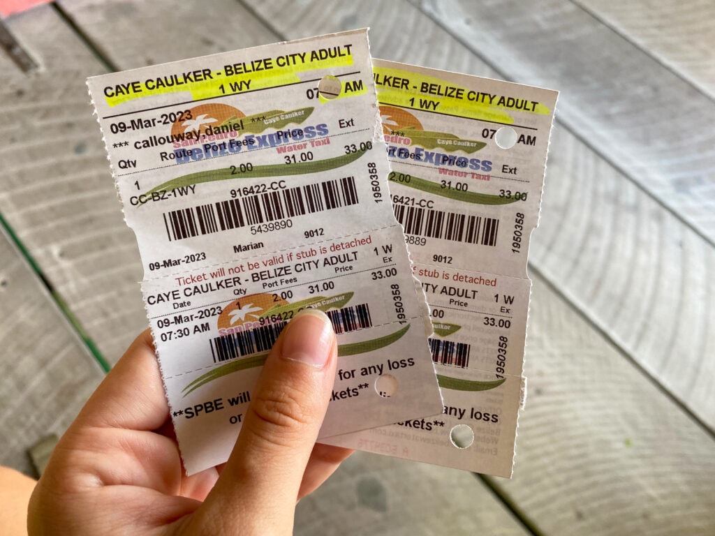 Two tickets from Caye Caulker to Belize City.